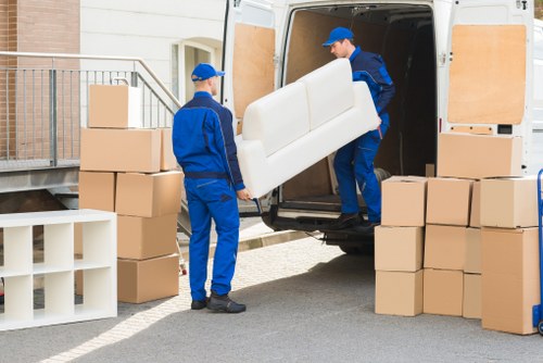 Packed office equipment prepared for a local commercial move