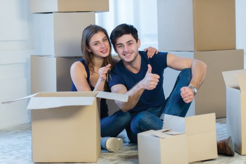 Prepared boxes, labels, and moving equipment for a West Harrow relocation
