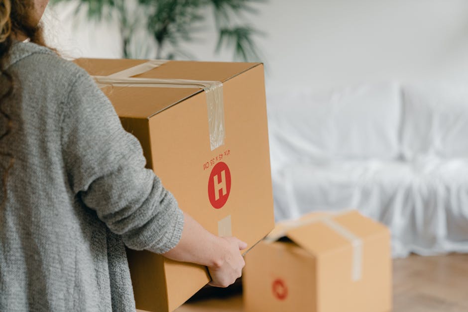 A man with dark hair tied back and a short beard, wearing a dark grey t-shirt, stands inside a home near a sloped ceiling, holding a large cardboard box with a red 'H' symbol on the side. Beside him,