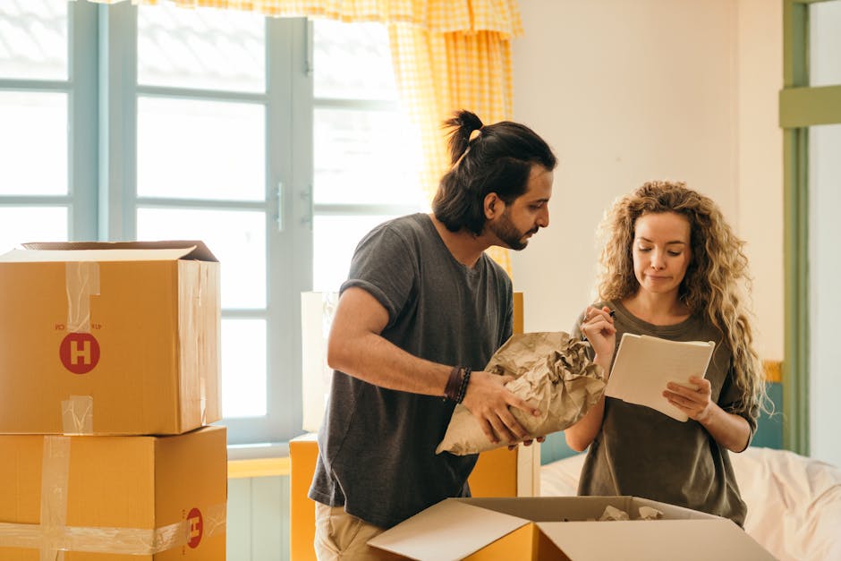 A man and a woman inside a well-lit room with large windows and yellow checkered curtains, engaged in a home relocation process. The man, with dark shoulder-length hair, is holding a crumpled brown paper-wrapped package and appears to be explaining or discussing it, while the woman with curly blonde hair is reviewing notes or an inventory list on a clipboard. Several stacked cardboard boxes, some sealed with packing tape, are visible around them, indicating they are in the midst of packing and preparing for furniture transport. The scene shows a folding trolley or small moving cart in the background near a doorway, and the environment suggests a casual, organized packing and moving setting. This image is related to house removals and is suitable for describing the packing and loading process during local moves, as part of services provided by Man with Van West Harrow, aligned with the Harrow on the Hill removals checklist for local moves.